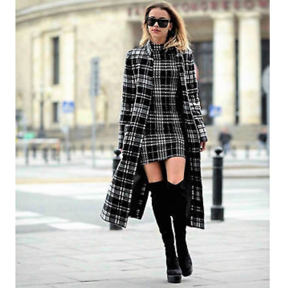 Zara | Wool Black/white Plaid Trench/Long Coat
